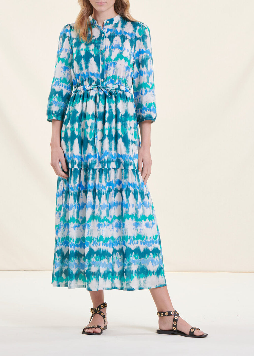 Langes blaues Bohème-Kleid aus Tie & Dye-Baumwolle