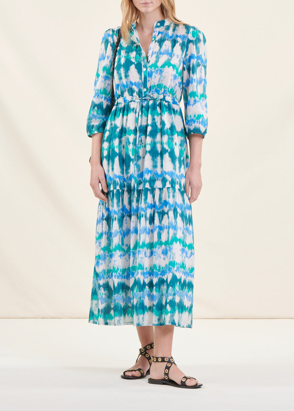Langes blaues Bohème-Kleid aus Tie & Dye-Baumwolle