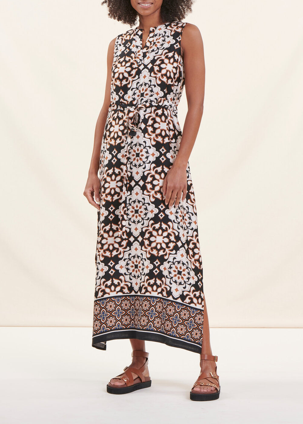 Sleeveless satin maxi dress with ethnic print