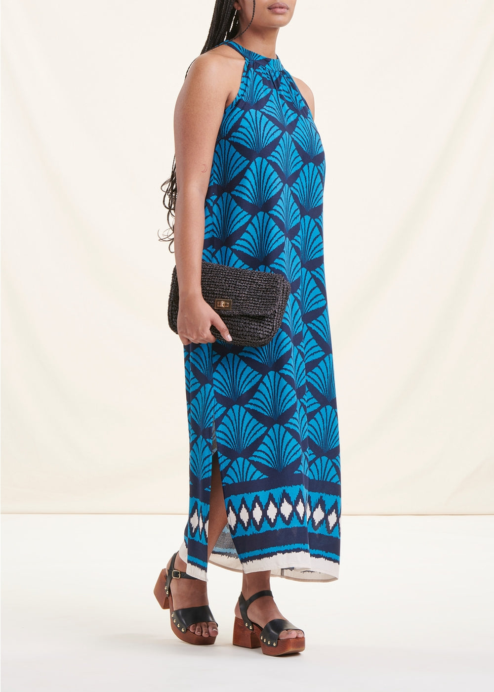 Blauwe lange mouwloze zomerjurk met print