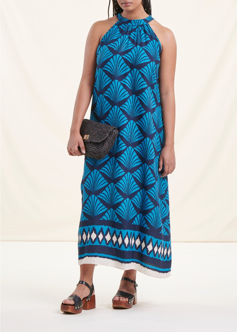 Blauwe lange mouwloze zomerjurk met print