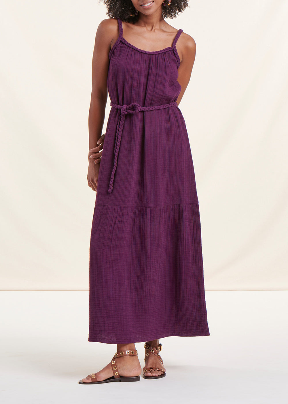 Vestido longo ameixa com alças em gaze de algodão orgânico