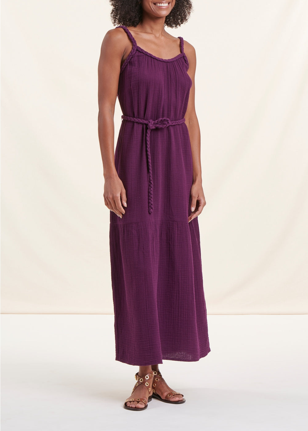 Vestido longo ameixa com alças em gaze de algodão orgânico