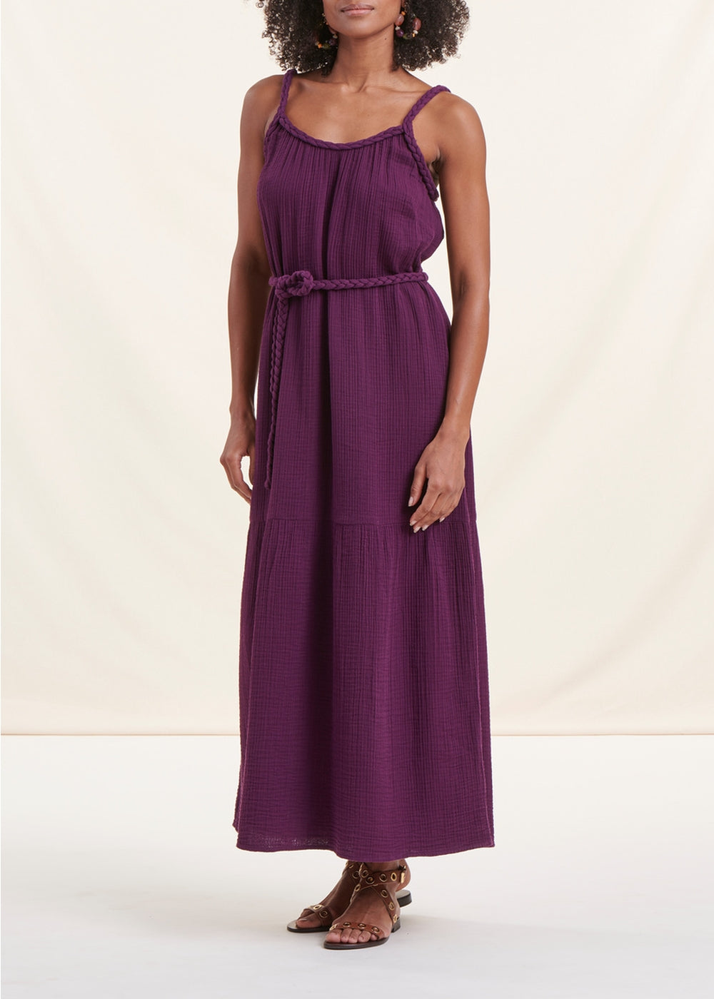 Vestido longo ameixa com alças em gaze de algodão orgânico