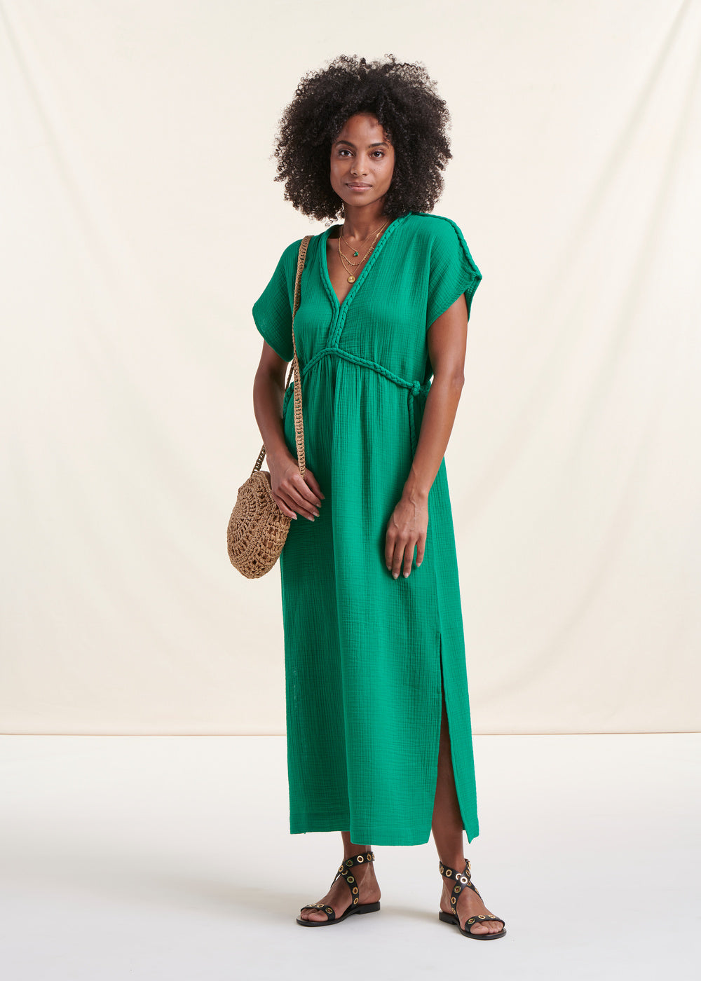 Robe longue verte en gaze de coton biologique