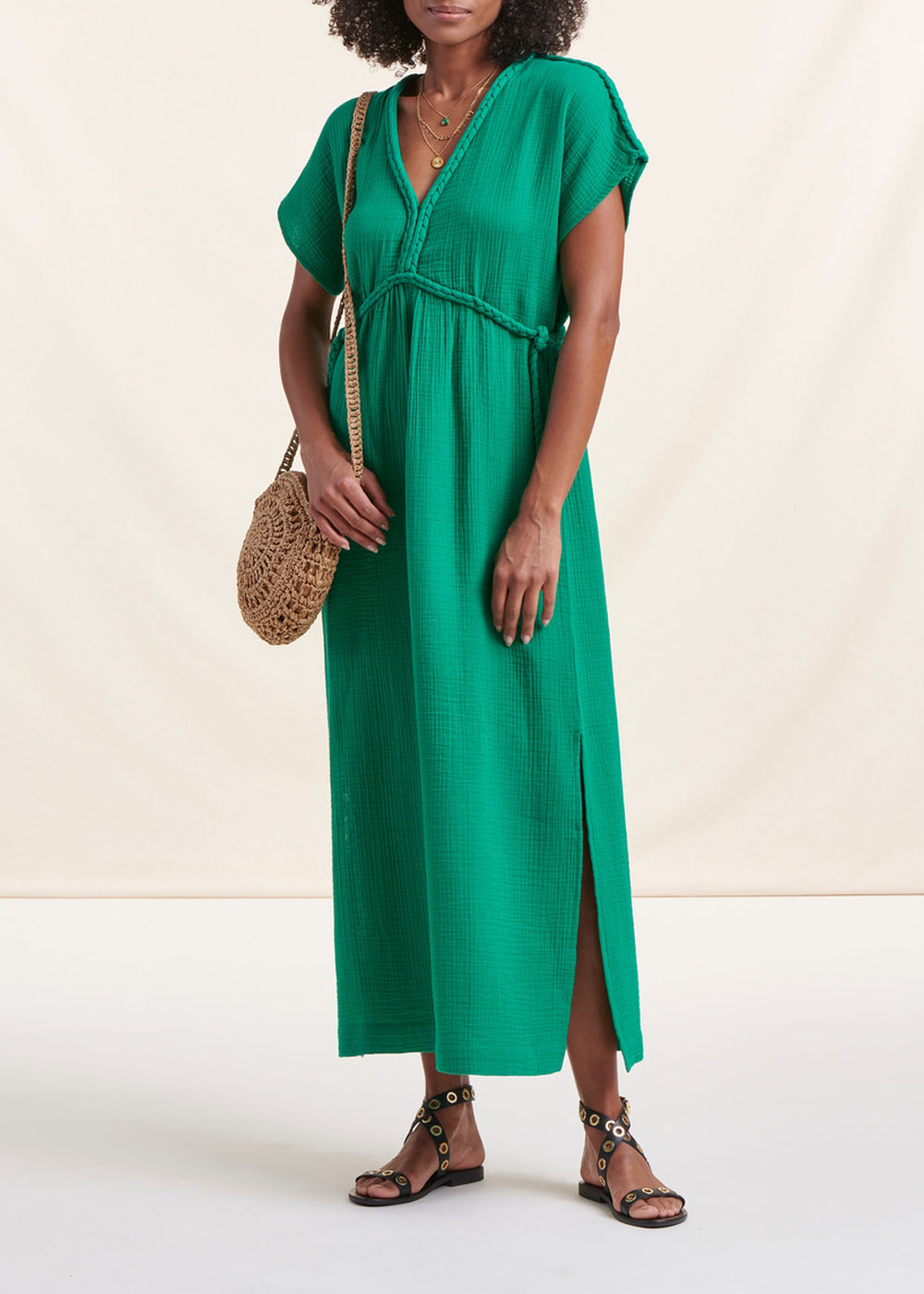 Robe longue verte en gaze de coton biologique