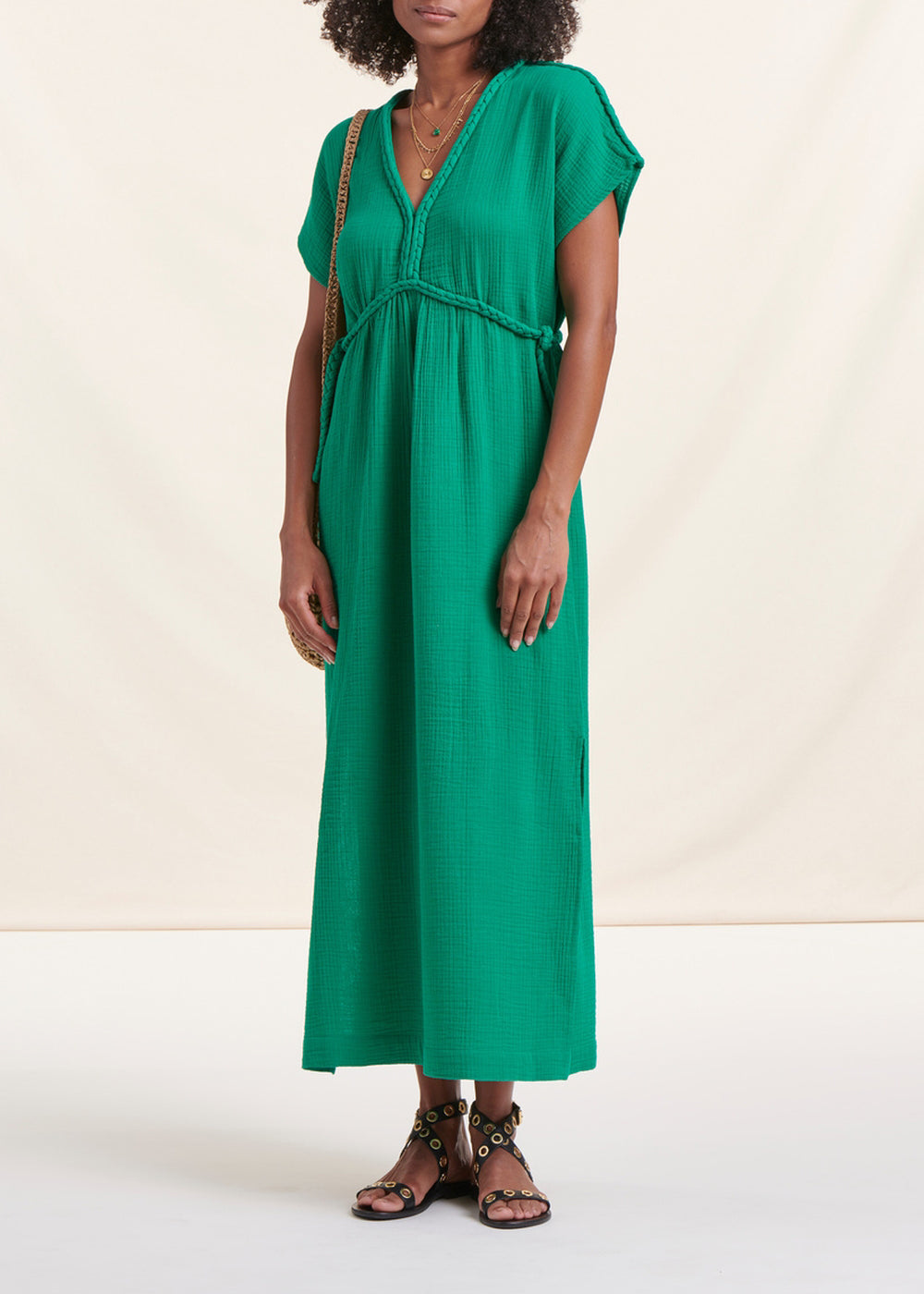 Robe longue verte en gaze de coton biologique