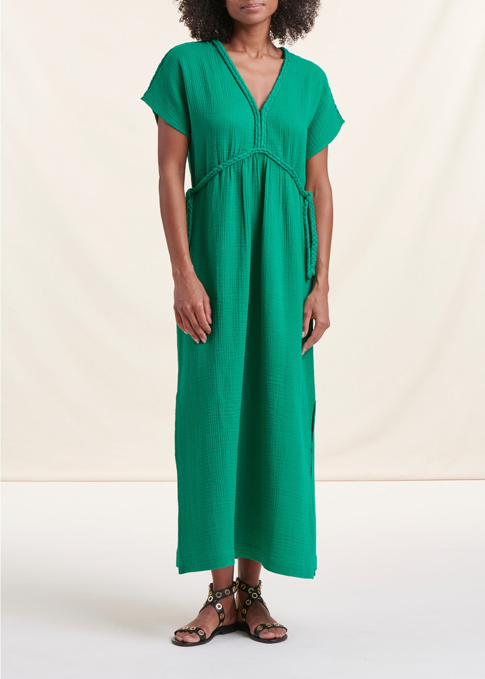 Robe longue verte en gaze de coton biologique
