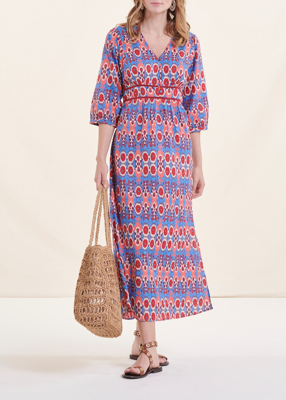 Long blue and pink printed dress in organic cotton