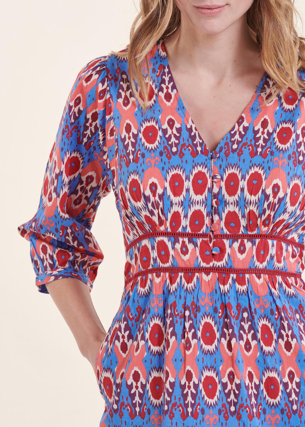 Long blue and pink printed dress in organic cotton