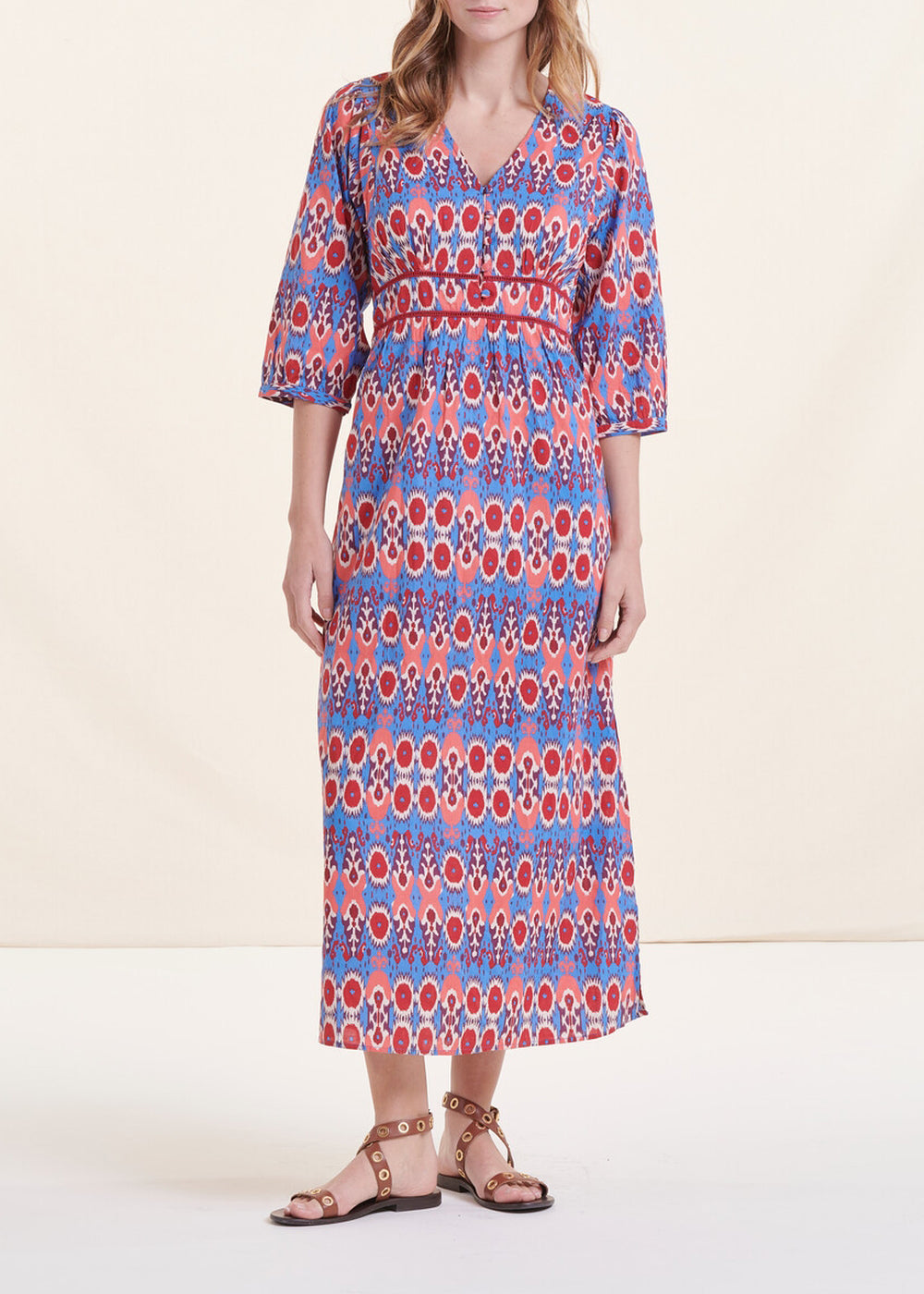 Long blue and pink printed dress in organic cotton