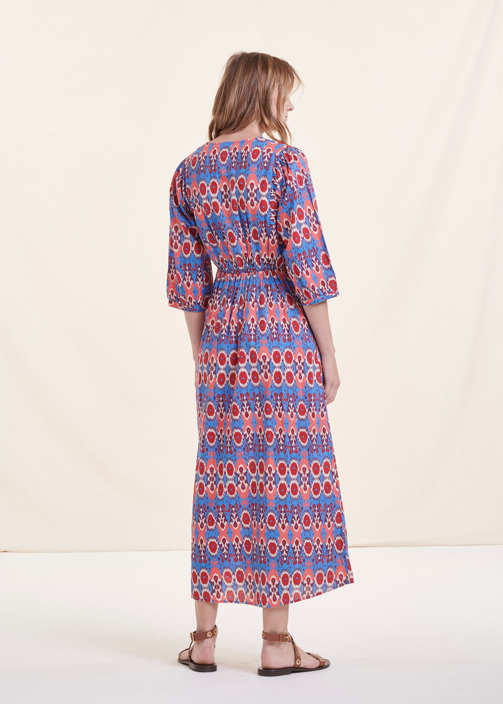 Long blue and pink printed dress in organic cotton