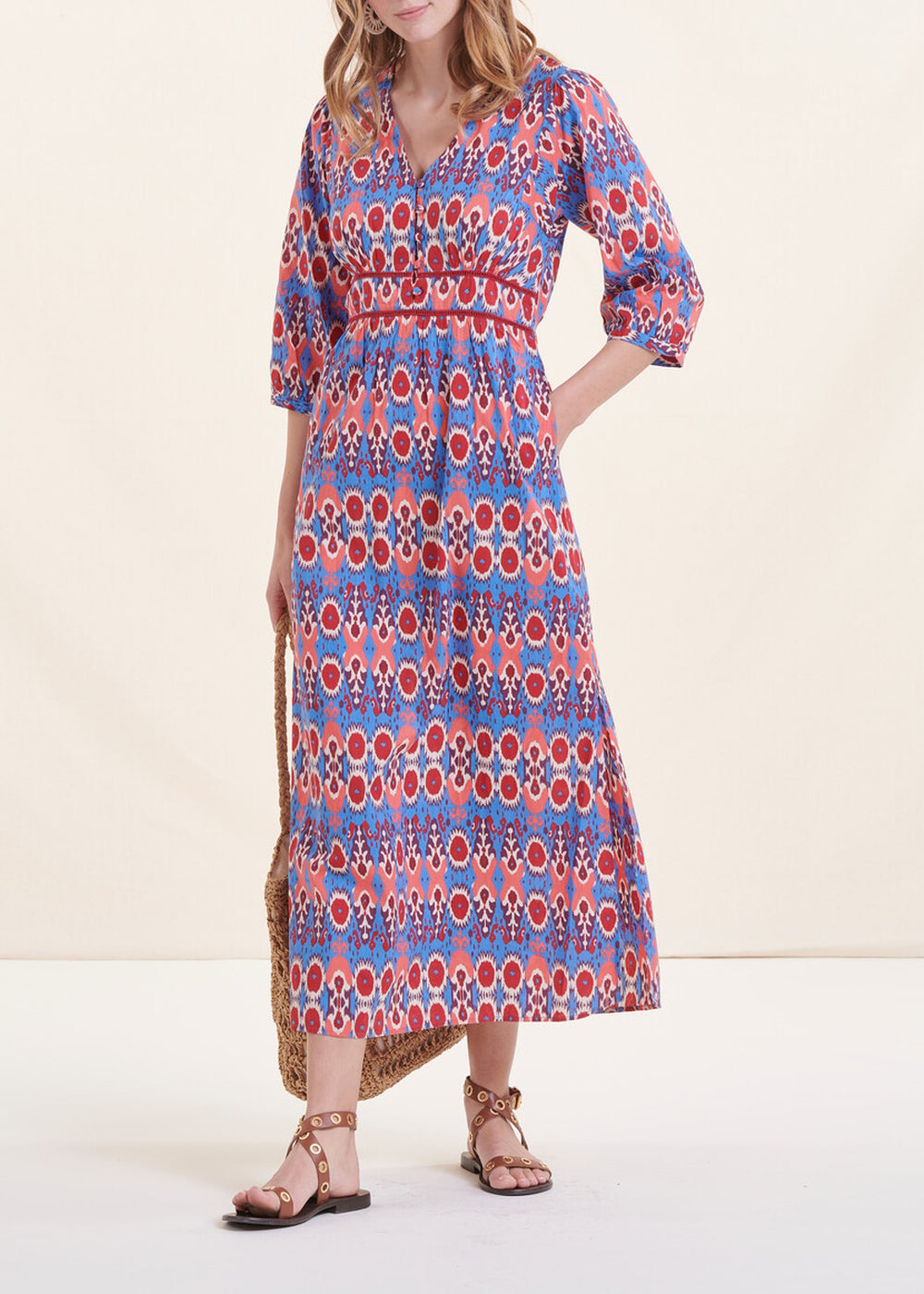 Long blue and pink printed dress in organic cotton