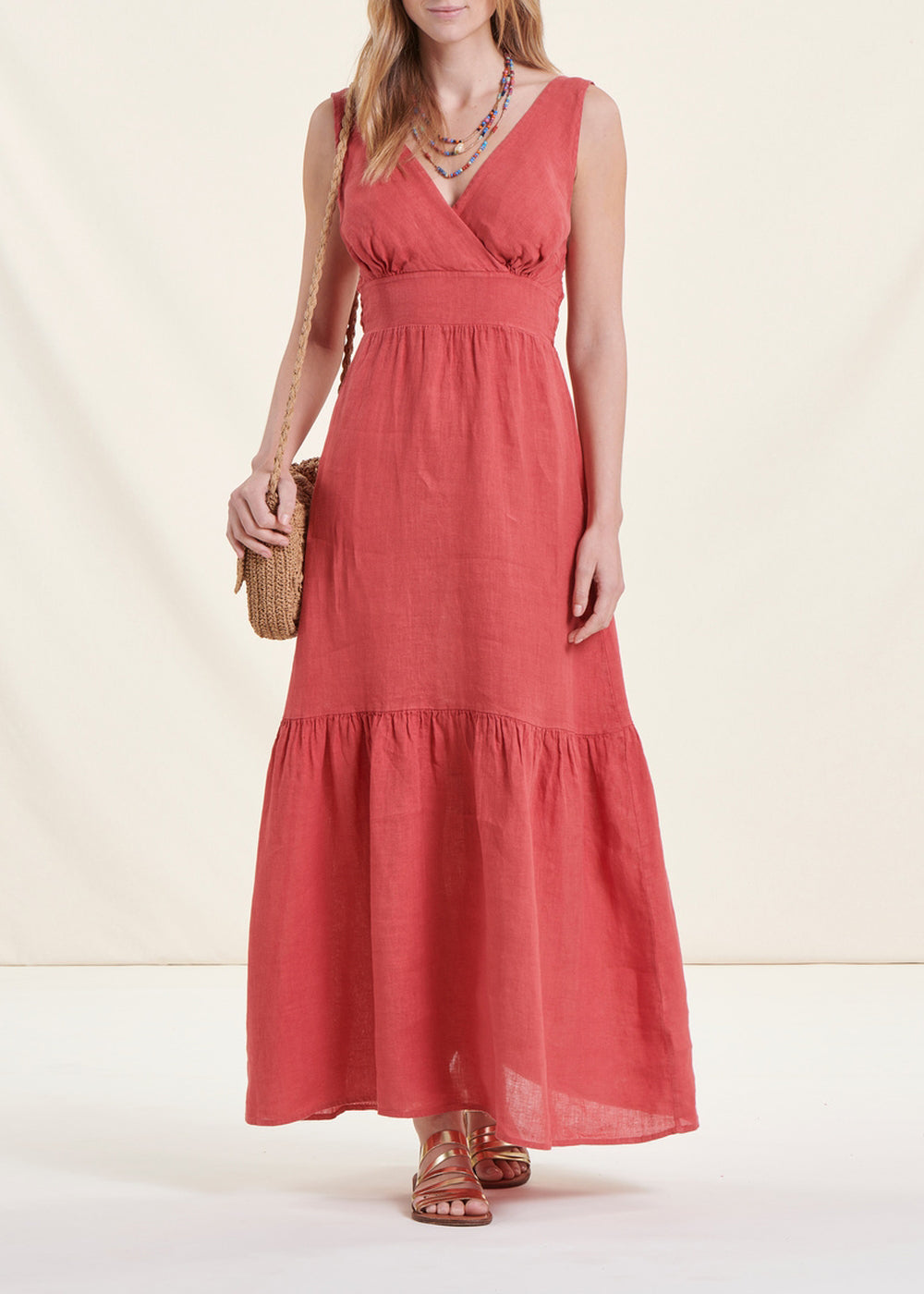 Long coral sleeveless linen dress