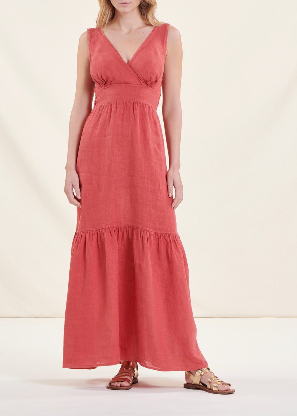 Long coral sleeveless linen dress