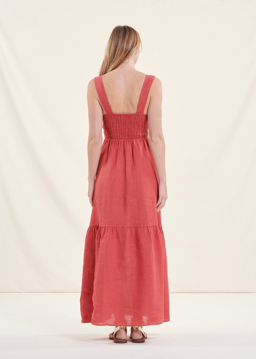 Long coral sleeveless linen dress