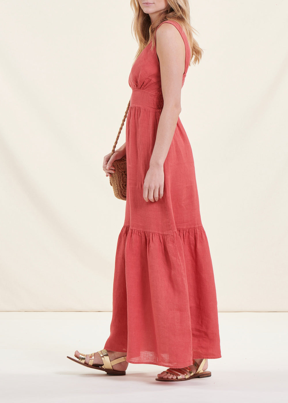 Long coral sleeveless linen dress