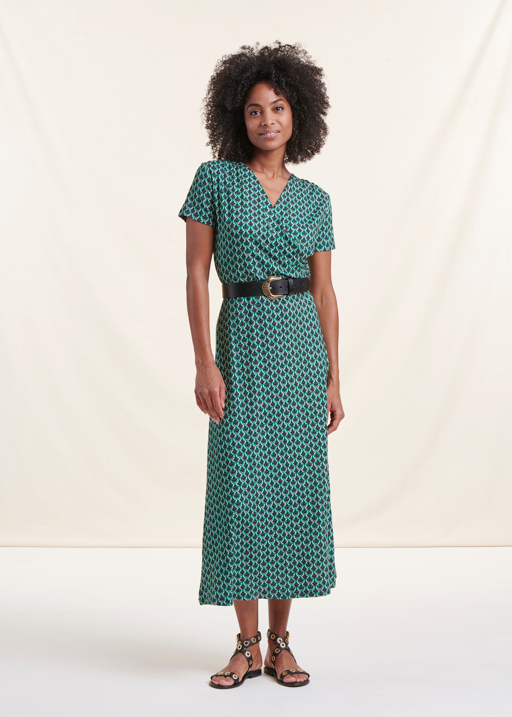 Robe longue verte avec drapé à imprimé La Fée Maraboutée