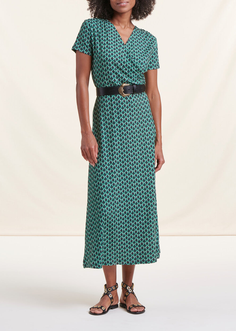 Vestido maxi verde com drapeado estampado