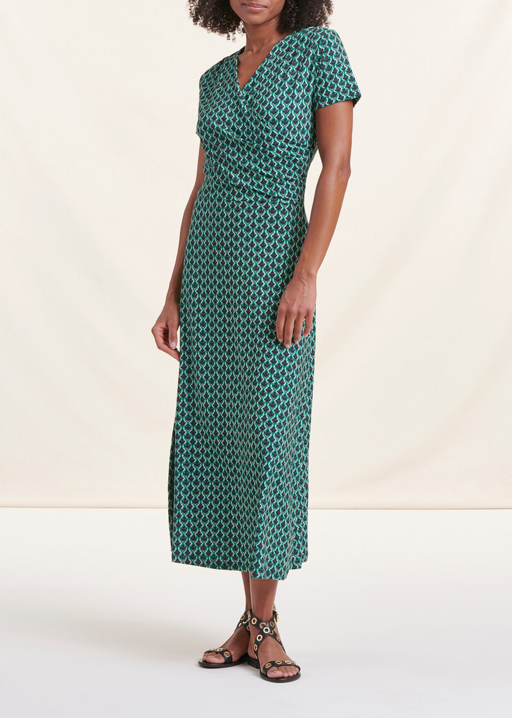 Vestido maxi verde com drapeado estampado