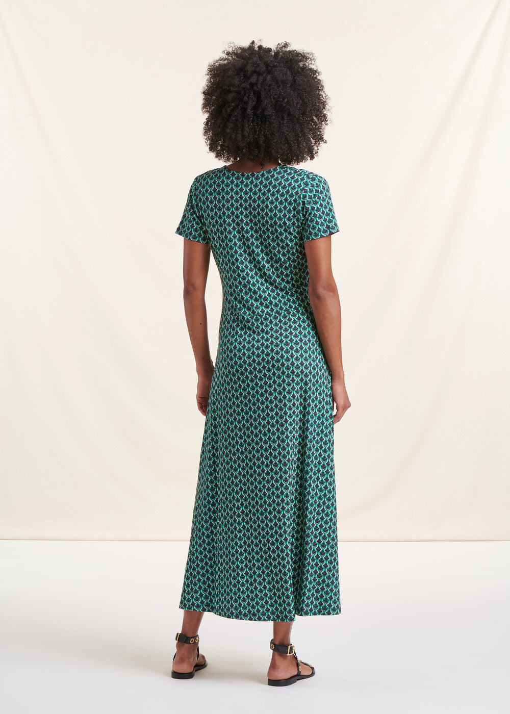 Vestido maxi verde com drapeado estampado
