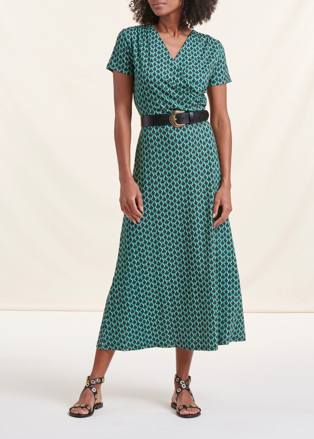 Vestido maxi verde com drapeado estampado