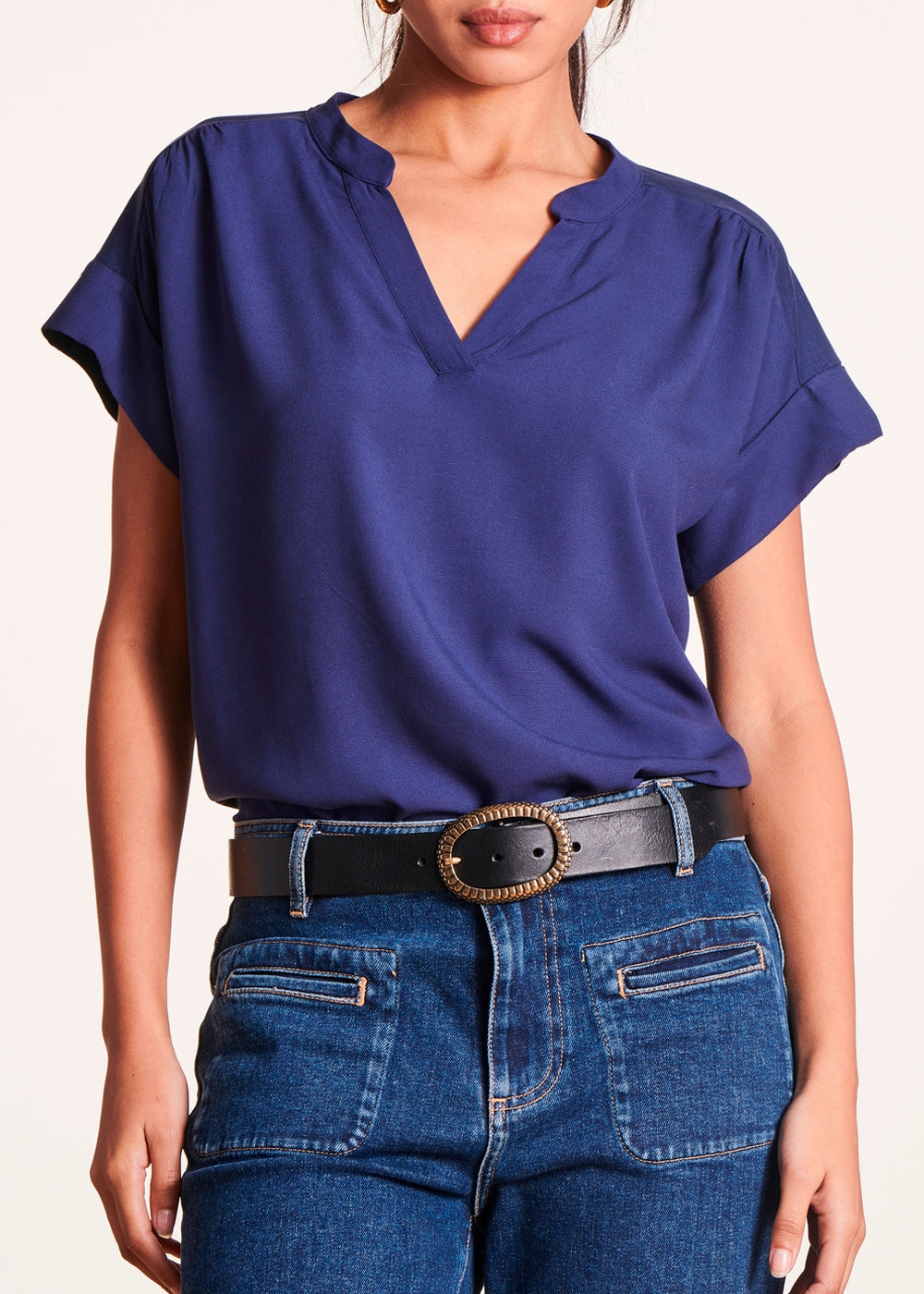 Navy blue bi-material top, short sleeves