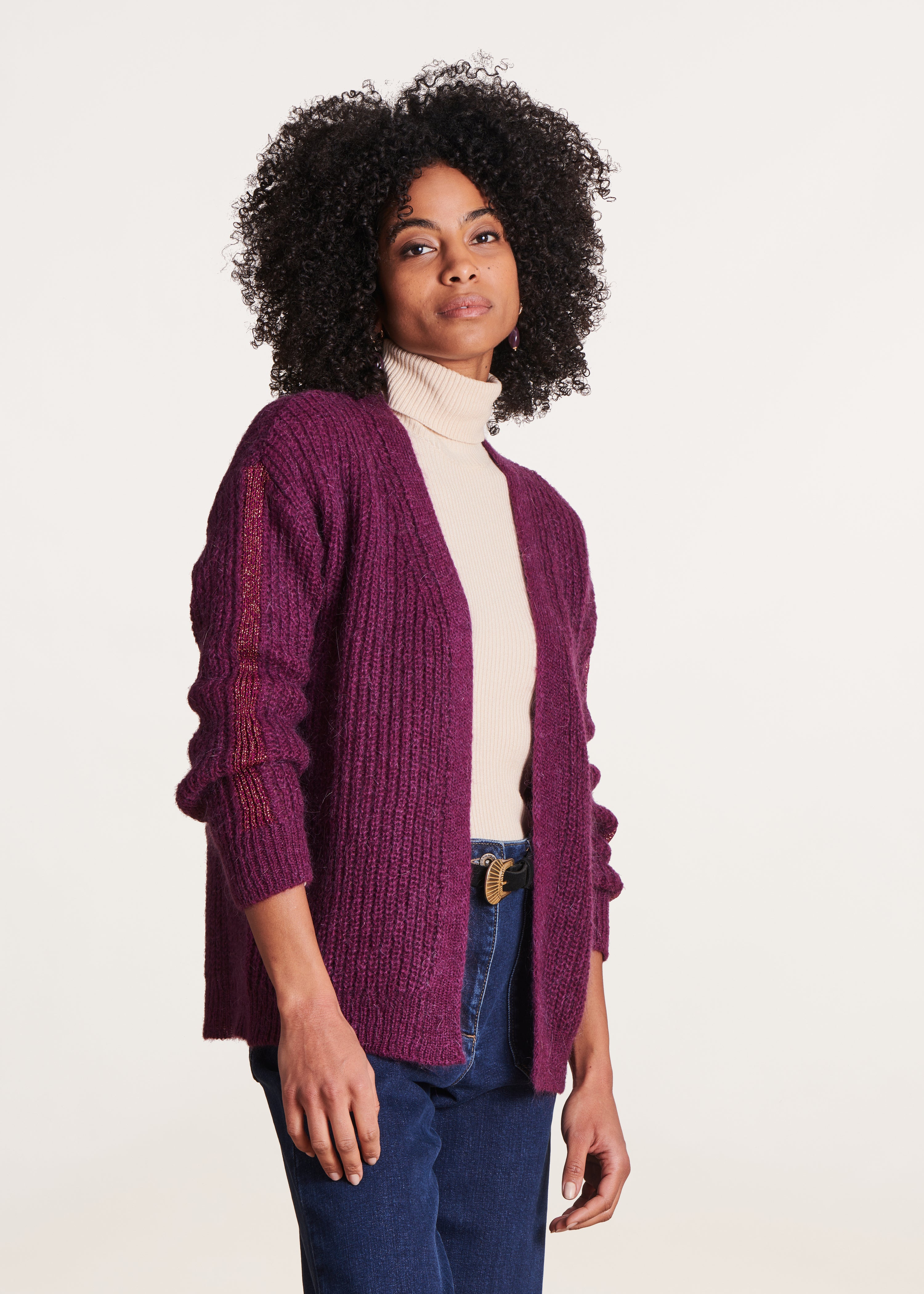 Purple open cardigan with lurex detail on sleeves La Fée Maraboutée
