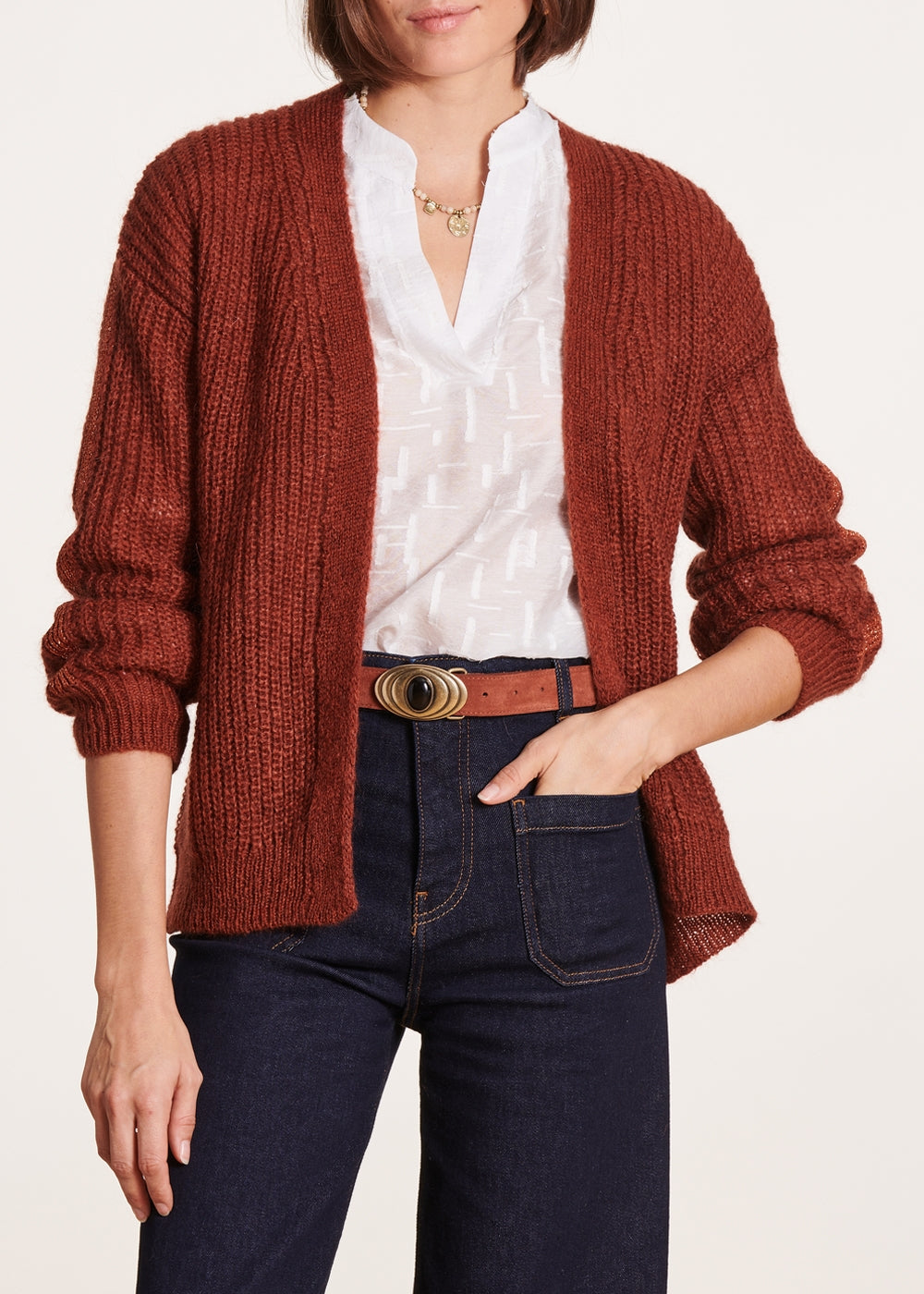Offene Terrakotta-Weste mit Lurex-Detail Ärmel