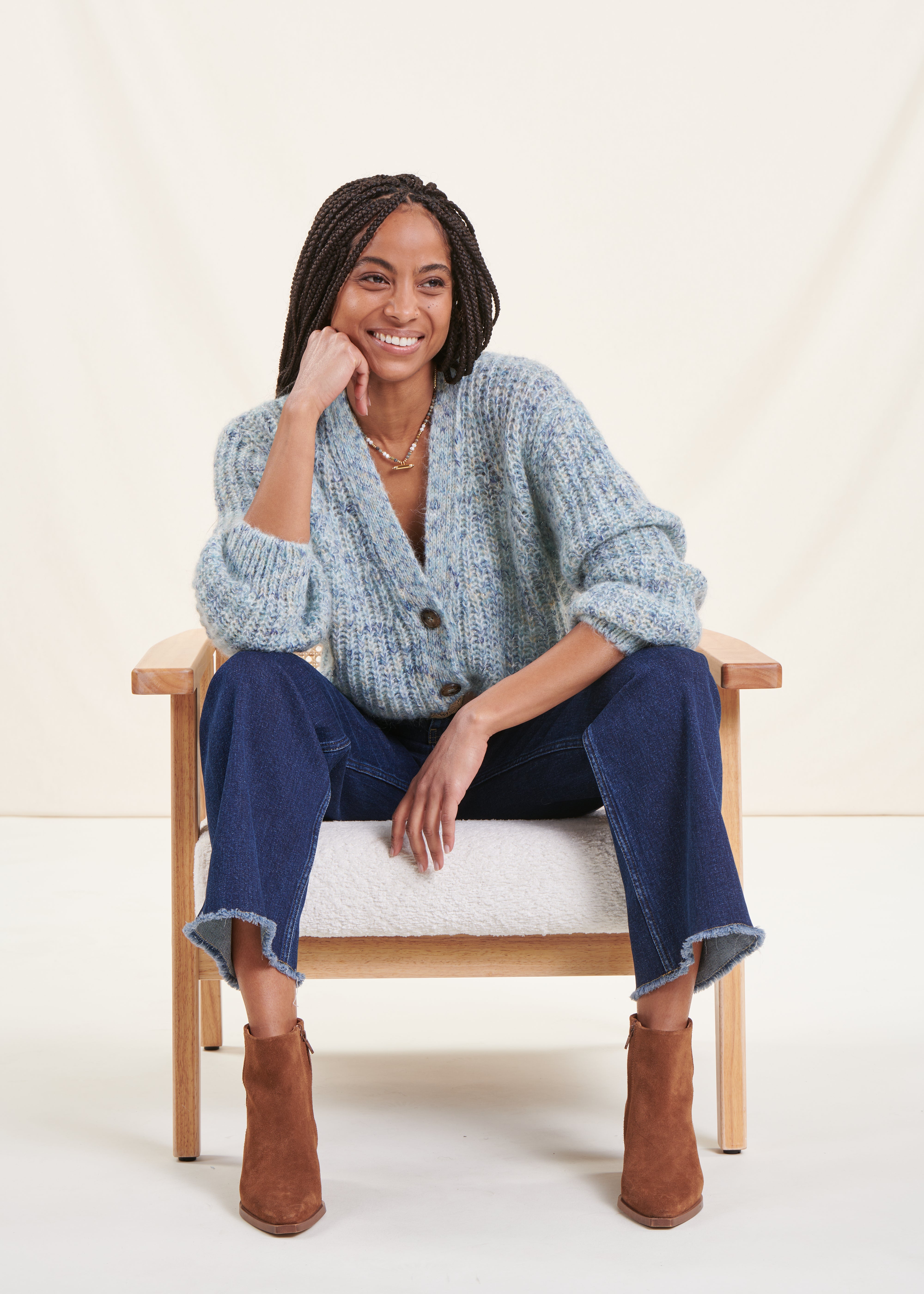 Grosses Mailles Gilet Droit Femme Gilet Court Bleu Ciel Grosse