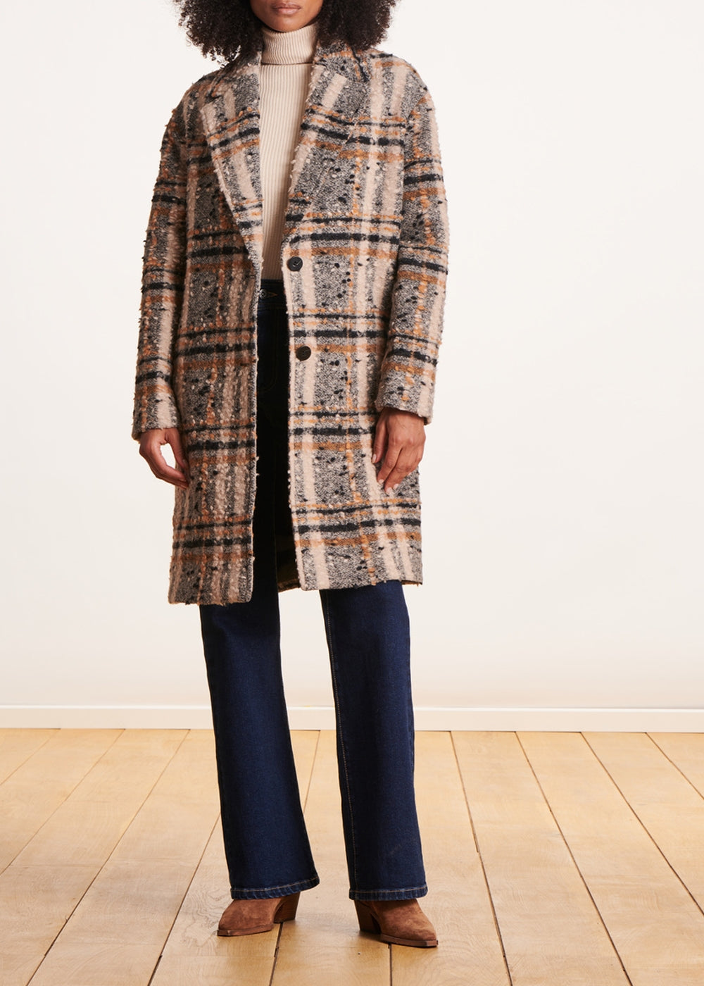 Casaco oversized de lã xadrez bege