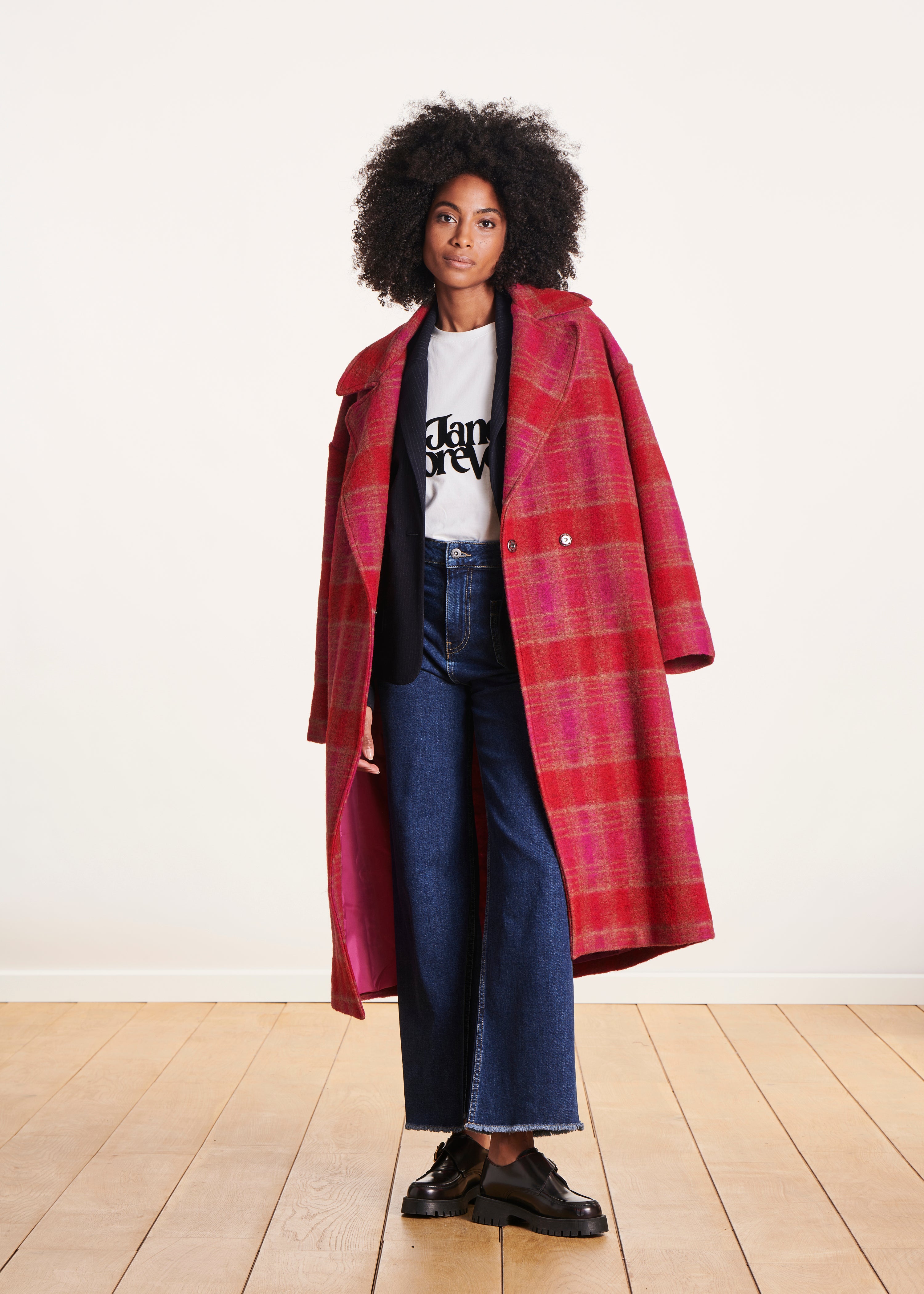 Langer Mantel in Rot und Rosa mit Karomuster La Fée Maraboutée