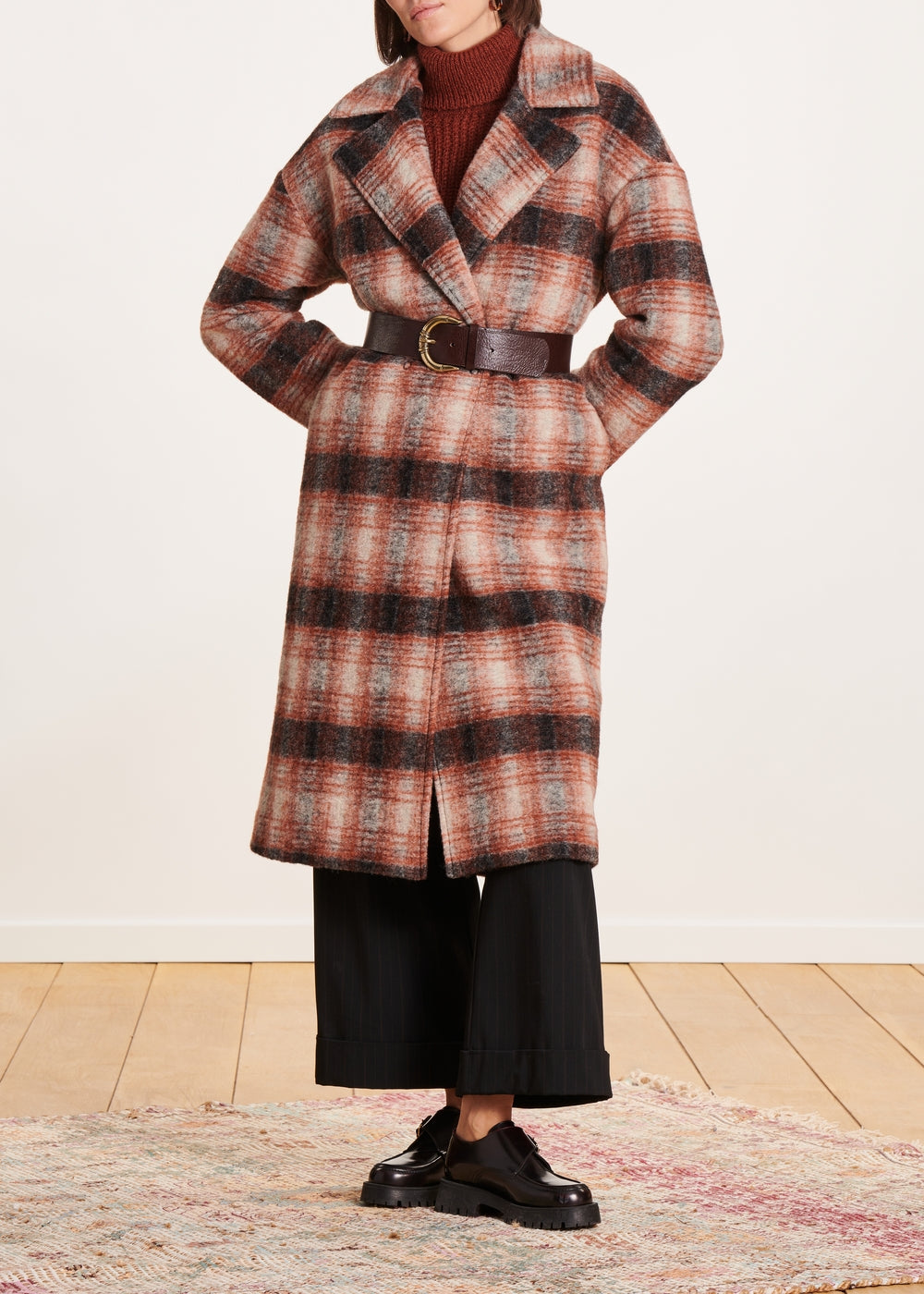 Long terracotta checked coat