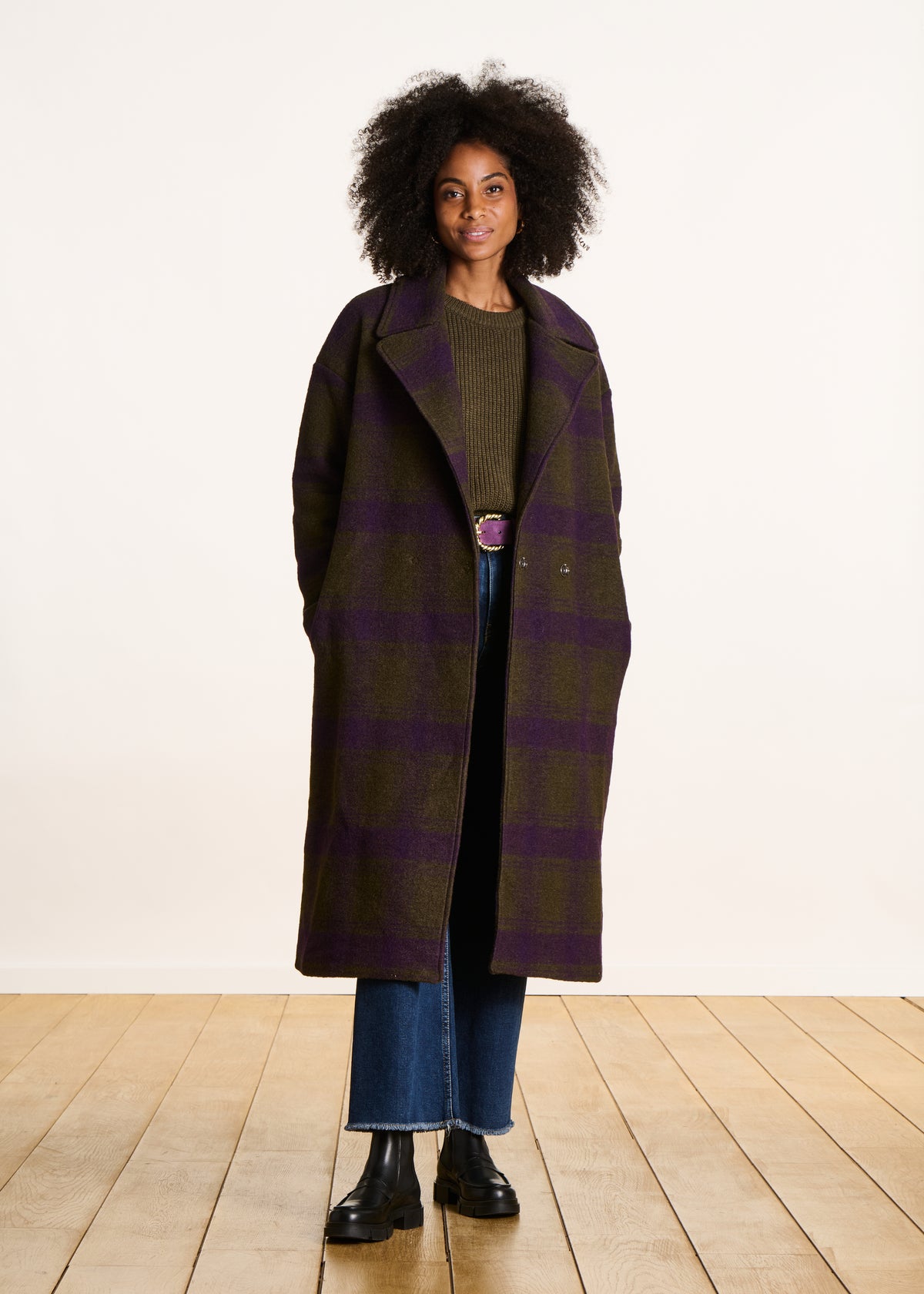 Cappotto lungo a quadri kaki e viola