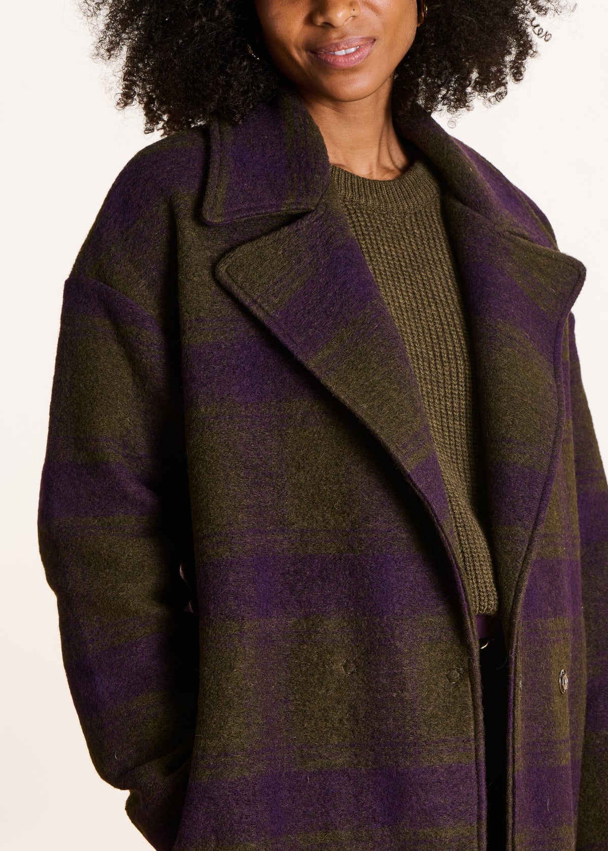 Cappotto lungo a quadri kaki e viola