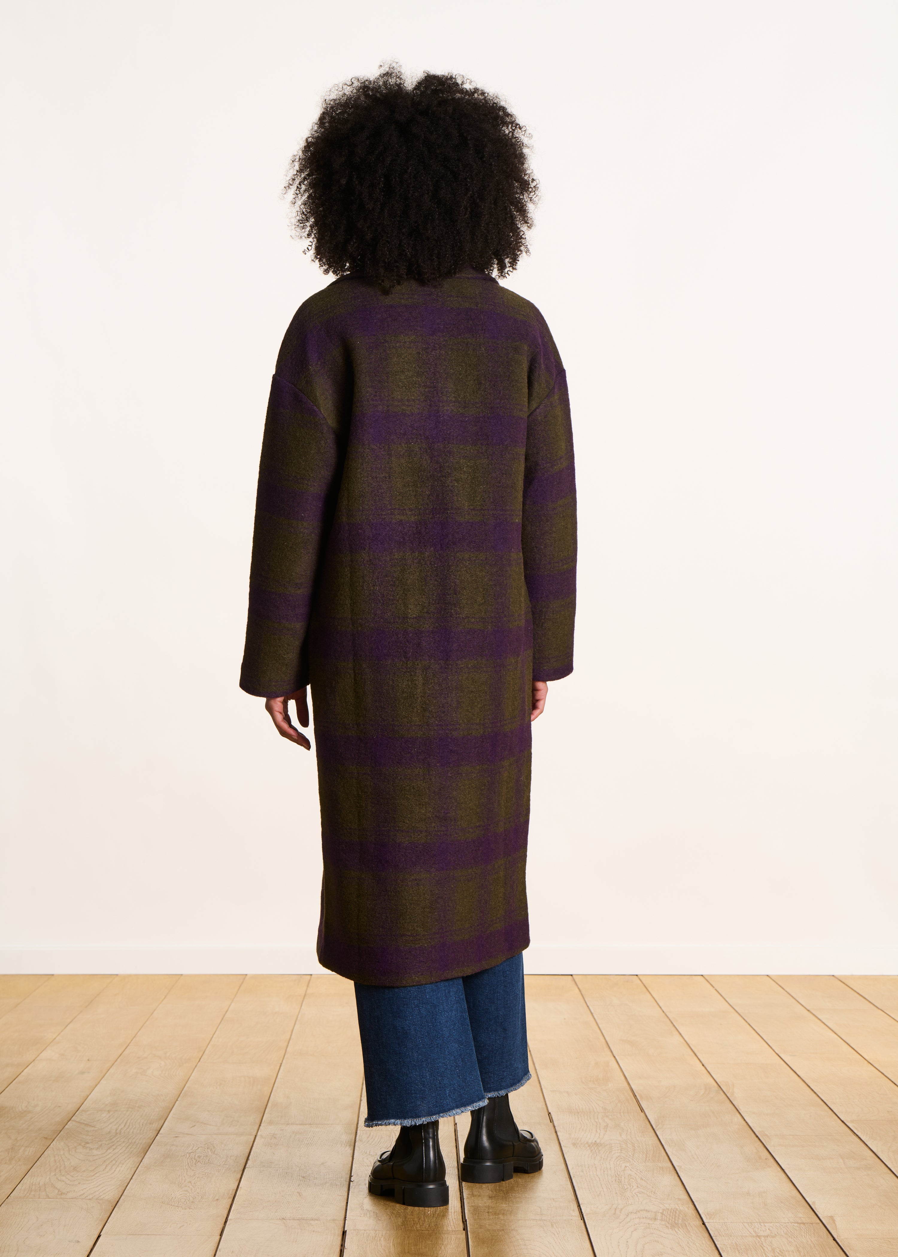 Cappotto lungo a quadri kaki e viola