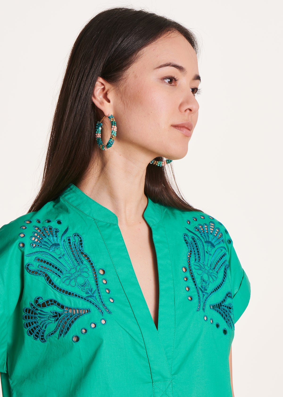 Green long dress with short sleeves in organic cotton