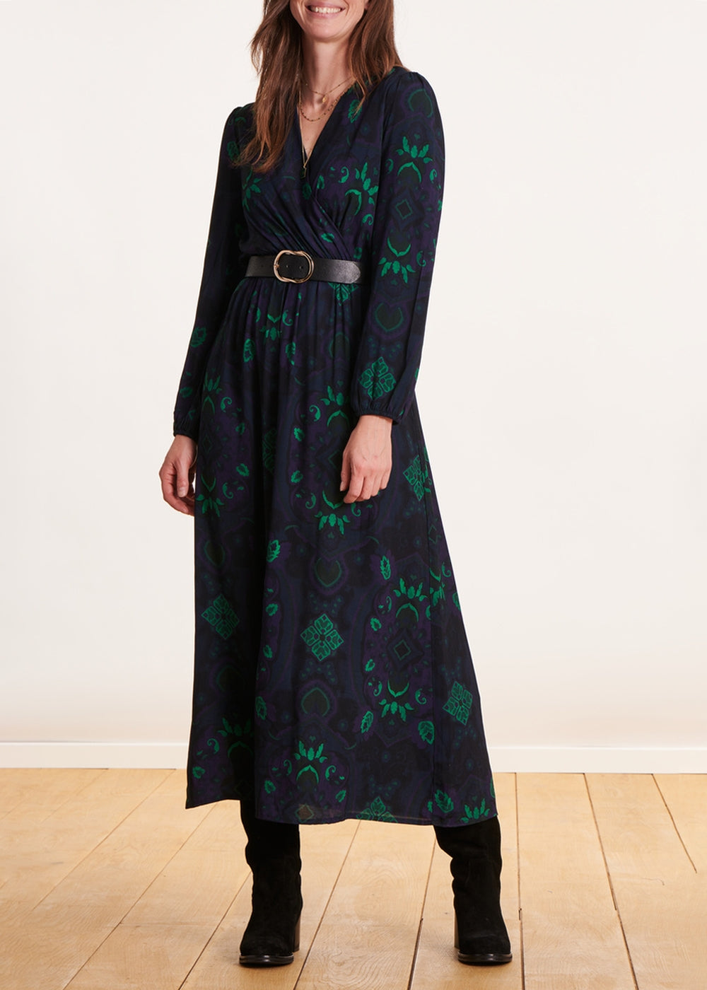 Blue and green printed wrap maxi dress