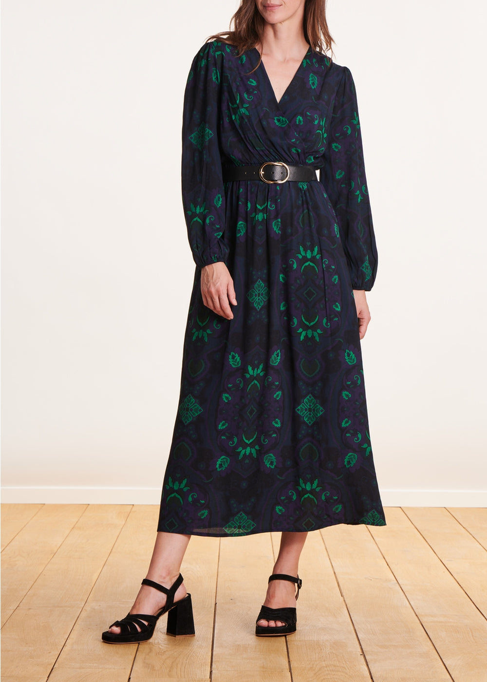 Blue and green printed wrap maxi dress