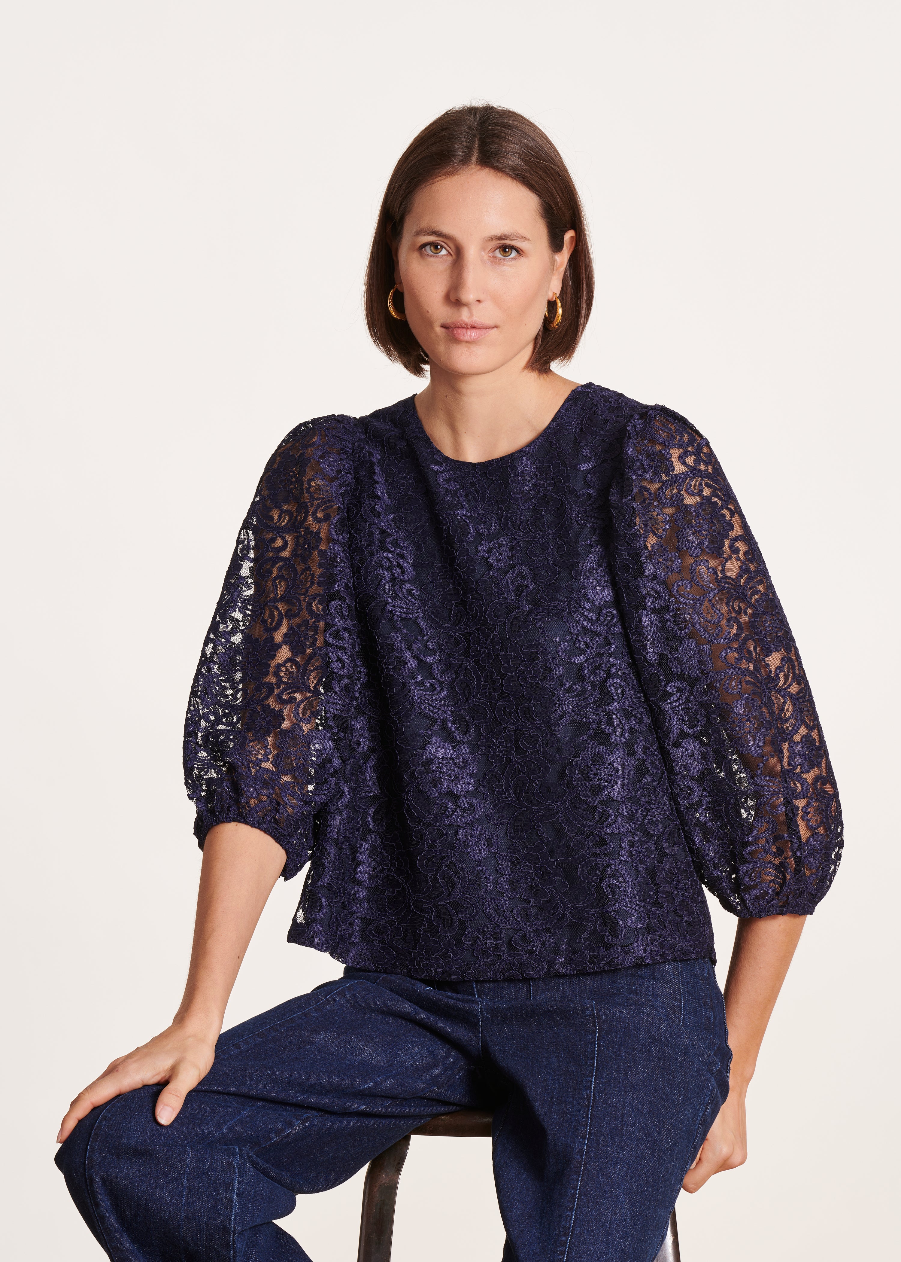 Blusa azul marino amplia de encaje La Fée Maraboutée