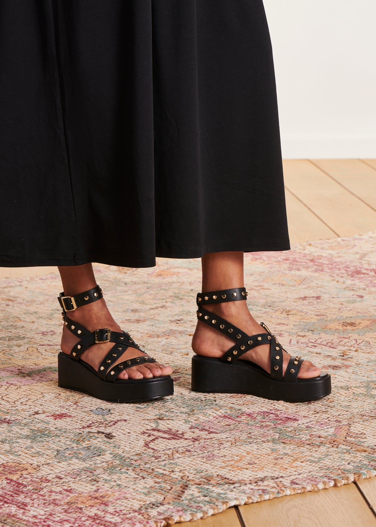 Black studded leather platform sandals
