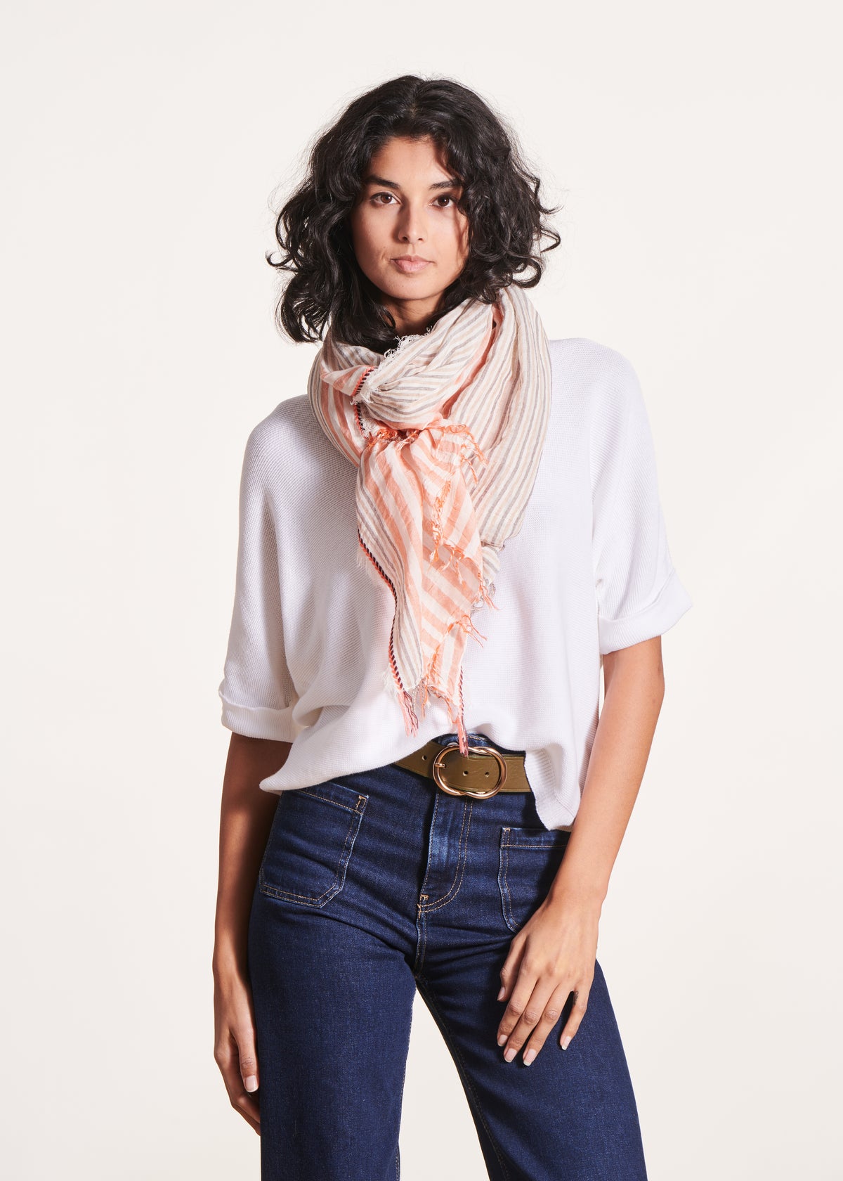 Coral and khaki striped scarf