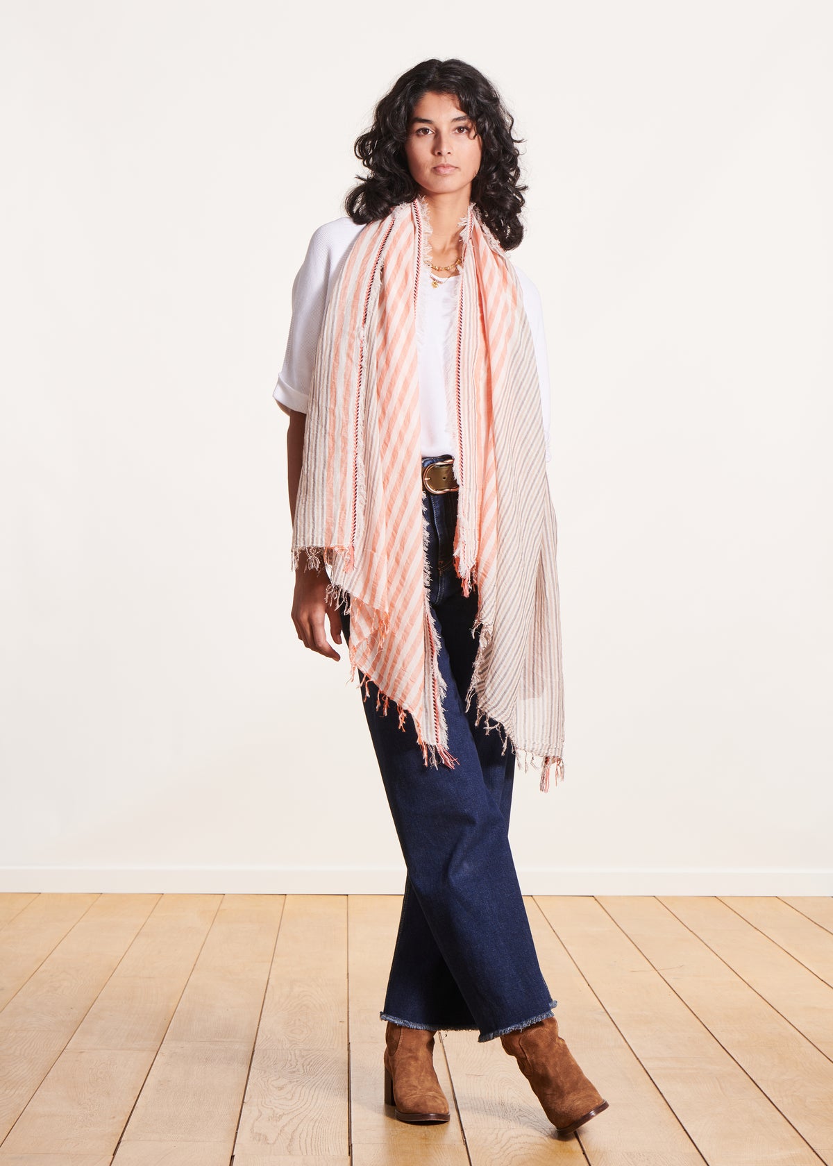 Coral and khaki striped scarf