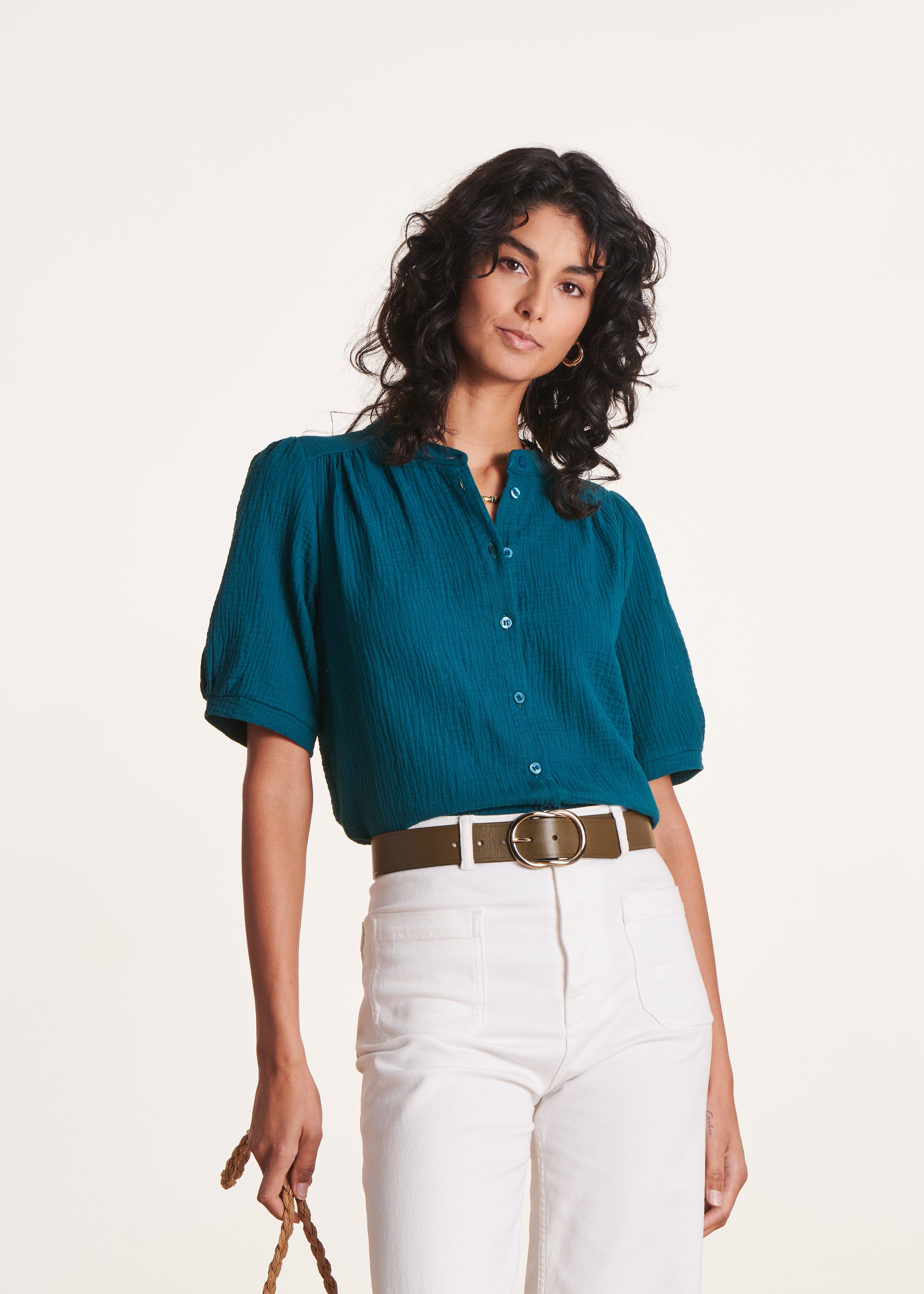 Duck blue short blouse in organic cotton gauze