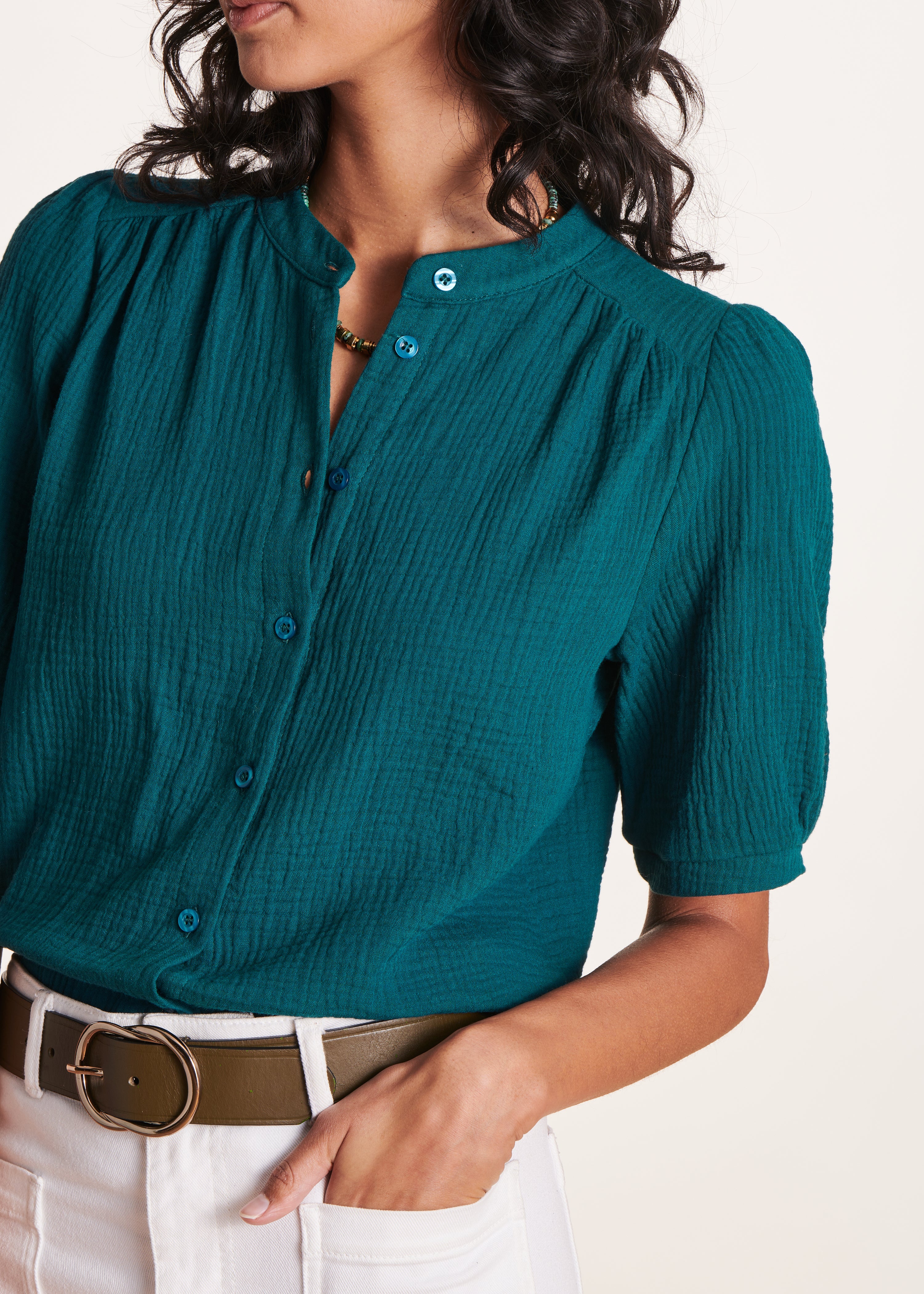 Duck blue short blouse in organic cotton gauze