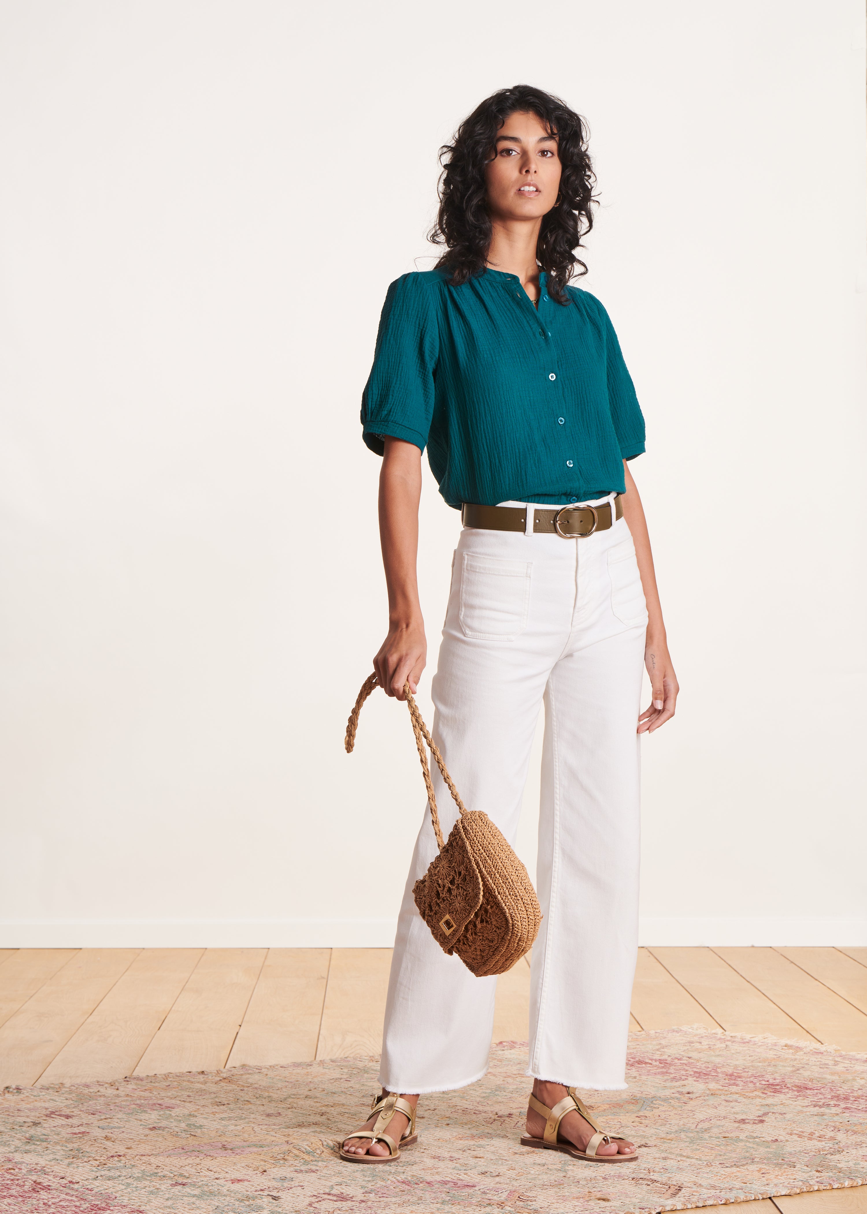 Duck blue short blouse in organic cotton gauze