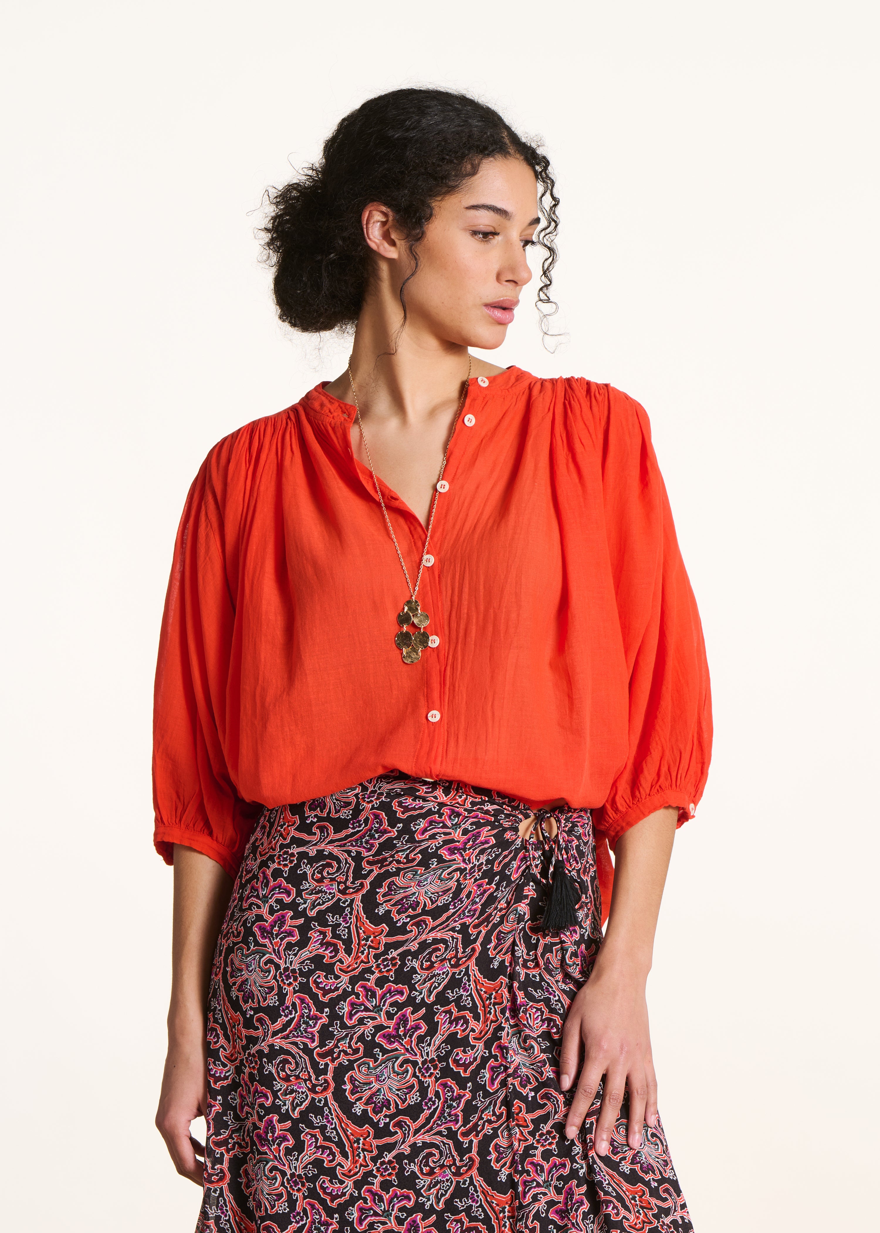 Orange fluid cotton voile shirt