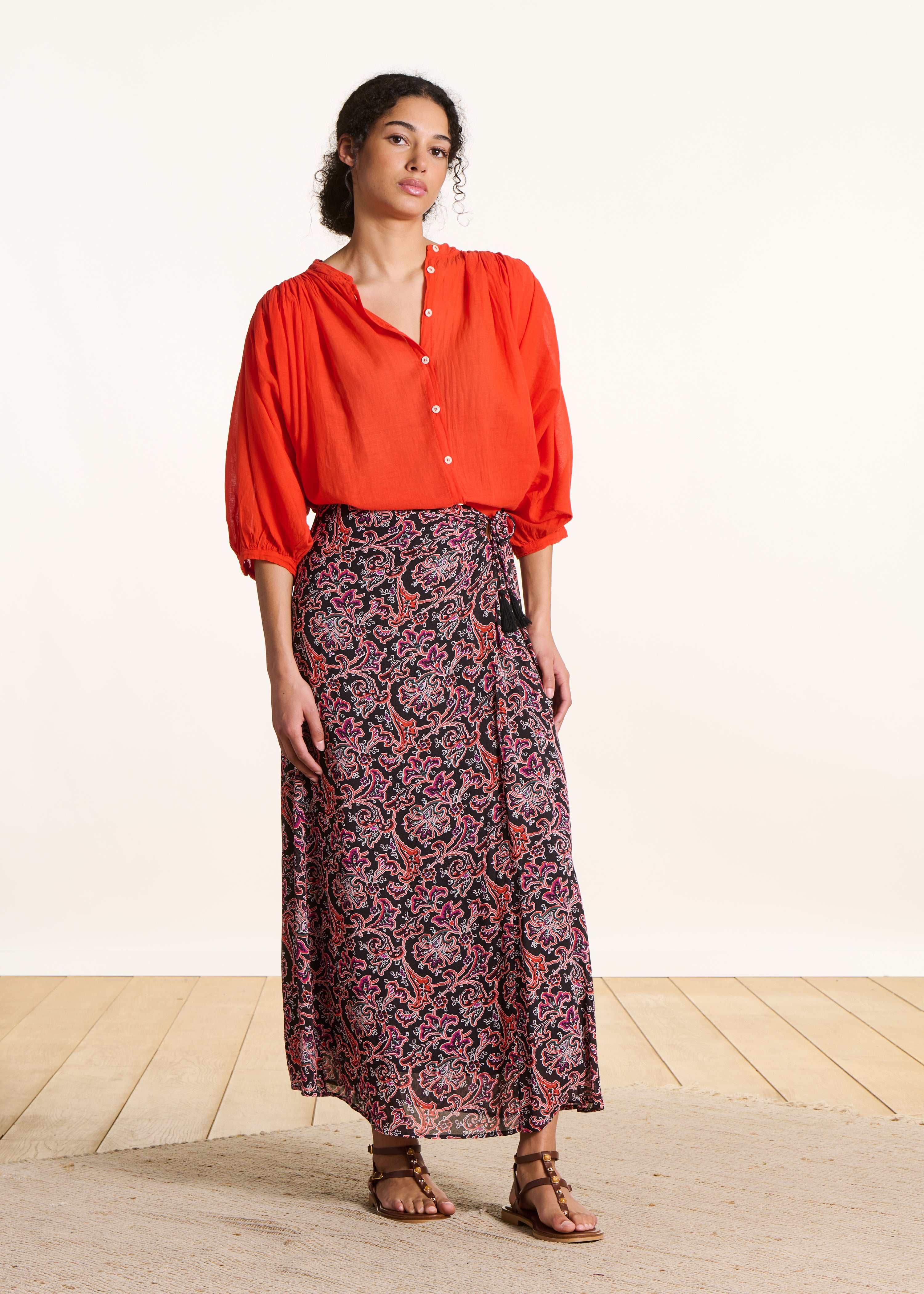 Orange fluid cotton voile shirt