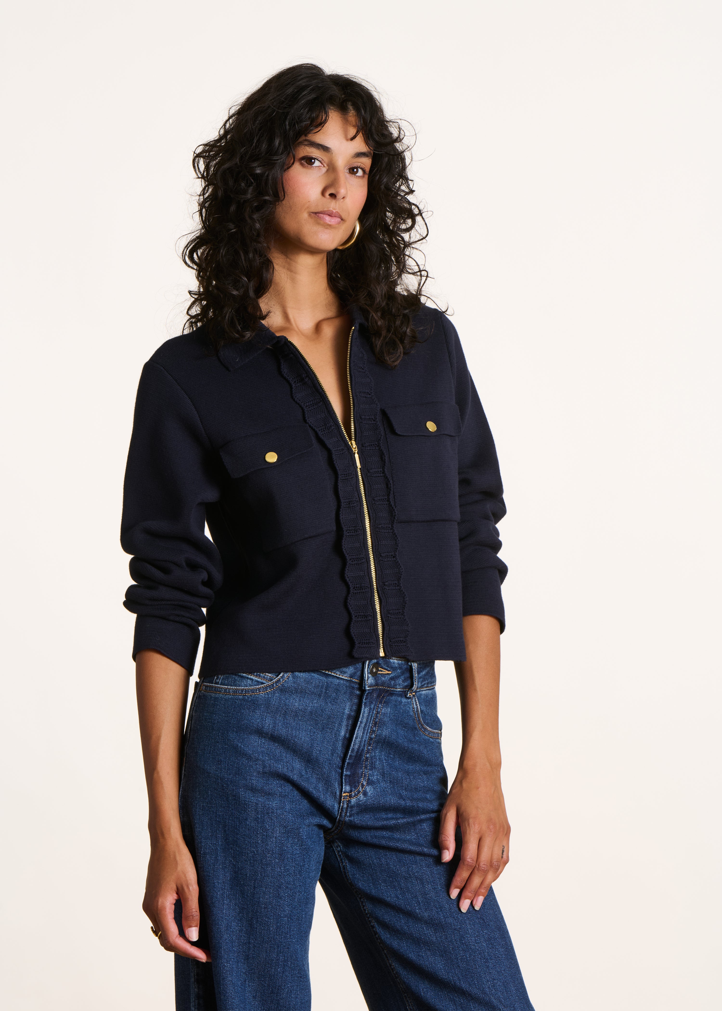 Gilet court zippé bleu foncé en coton biologique