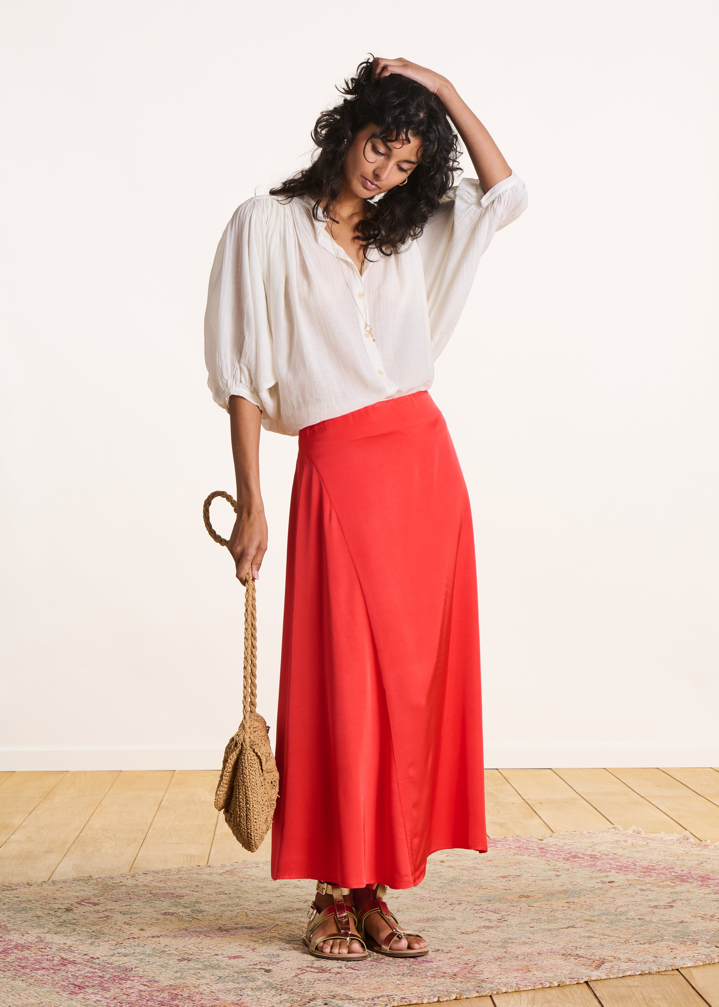 Jupe longue en satin orange